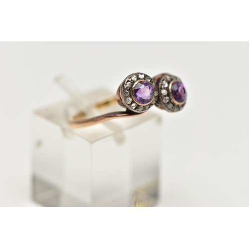 66 - A 19TH CENTURY TOI ET MOI RING, two circular cut amethyst stones, set with a surround of rose cut di... 