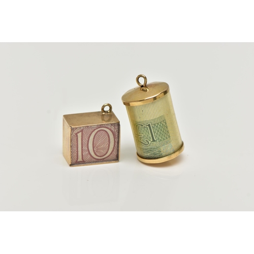 67 - TWO 9CT GOLD CHARMS, the first a one pound note charm, hallmarked 9ct London 1970, the second a ten ... 