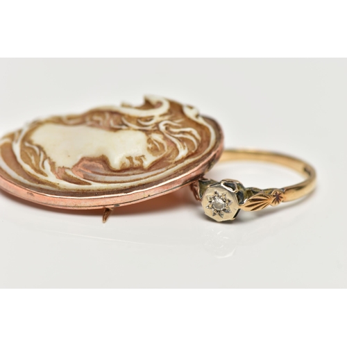 68 - A 9CT GOLD RING AND SHELL CAMEO, a single cut diamond, set within a white metal illusion setting, le... 