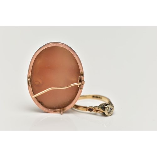 68 - A 9CT GOLD RING AND SHELL CAMEO, a single cut diamond, set within a white metal illusion setting, le... 