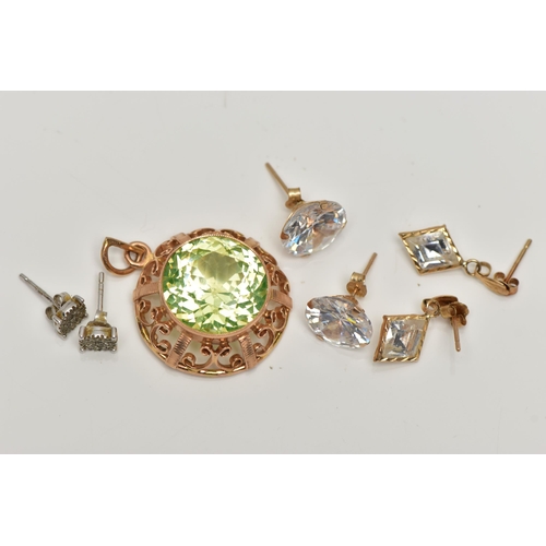 69 - AN ASSORTMENT OF YELLOW AND WHITE METAL JEWELLERY, to include a yellow metal open work pendant set w... 