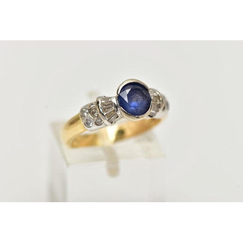 71 - A SAPPHIRE AND DIAMOND DRESS RING, set with an oval cut sapphire, within a partial collet setting, t... 