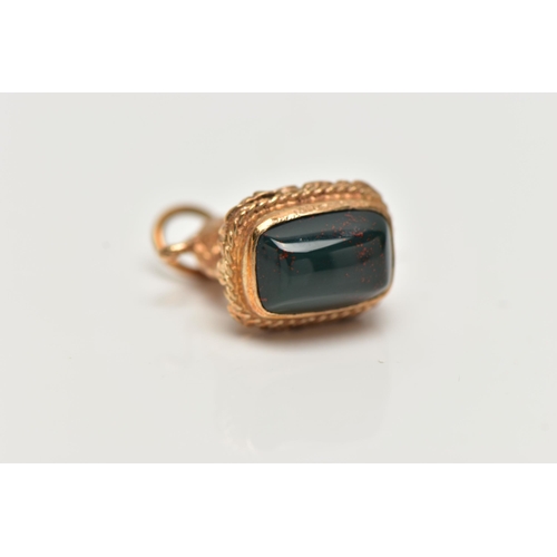 75 - A 9CT YELLOW GOLD BLOOD STONE FOB, the bloodstone cabochon, to the rope twist, scrolling mount and l... 