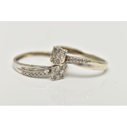 83 - TWO DIAMOND RINGS, to include a 9ct white gold diamond cluster ring, set with round brilliant cut di... 