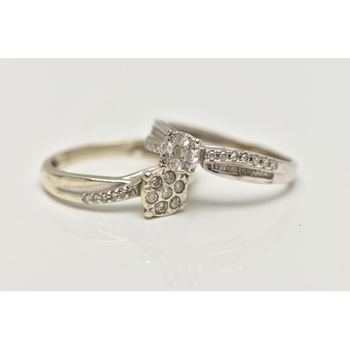 83 - TWO DIAMOND RINGS, to include a 9ct white gold diamond cluster ring, set with round brilliant cut di... 