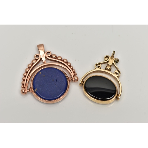 85 - TWO SWIVEL FOBS, the first a yellow metal fob, scroll and bead detail, set with lapis lazuli and car... 