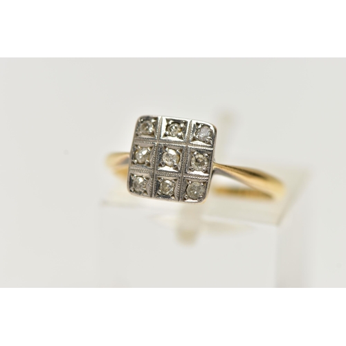 87 - A DIAMOND RING, six old cut diamonds set within a white metal square mount with milgrain detail, lea... 