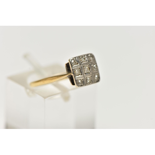 87 - A DIAMOND RING, six old cut diamonds set within a white metal square mount with milgrain detail, lea... 