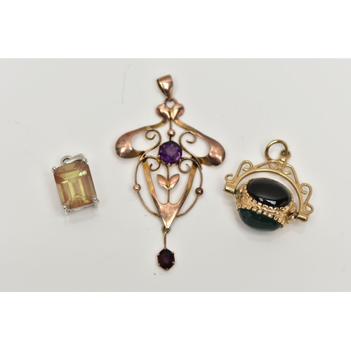 89 - AN ASSORTMENT OF JEWELLERY, to include a 9ct white gold pendant, set with a single emerald cut Orego... 