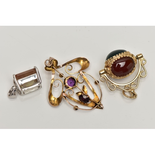 89 - AN ASSORTMENT OF JEWELLERY, to include a 9ct white gold pendant, set with a single emerald cut Orego... 