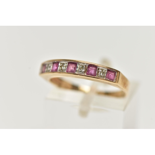 90 - A 9CT GOLD GEMSET RING, five rubies and four single cut diamonds, channel and prong set in a yellow ... 