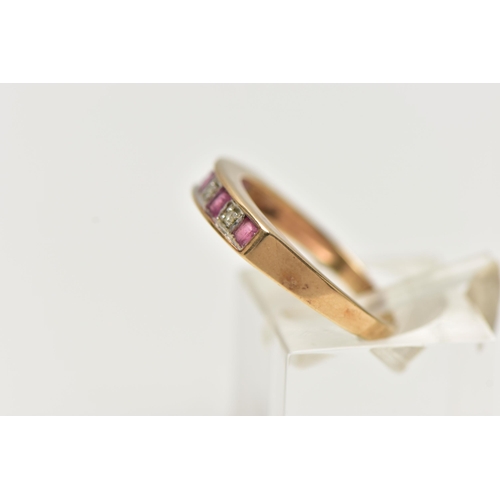 90 - A 9CT GOLD GEMSET RING, five rubies and four single cut diamonds, channel and prong set in a yellow ... 