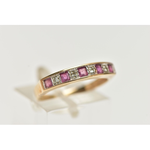 90 - A 9CT GOLD GEMSET RING, five rubies and four single cut diamonds, channel and prong set in a yellow ... 