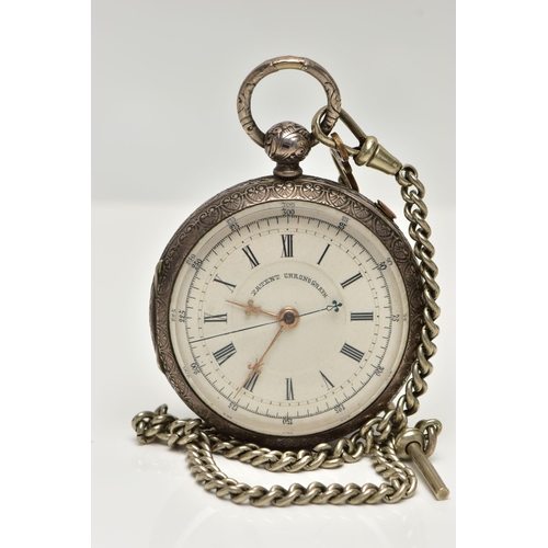 93 - AN OPEN FACE POCKET WATCH, key wound movement, white dial signed 'Patent chronograph', Roman numeral... 