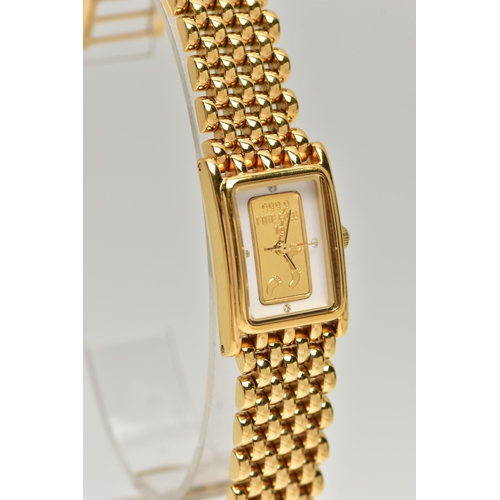 96 - A LADY'S WRISTWATCH, quartz movement, rectangular dial with a 999.9 fine gold 1g ingot dial, dot mar... 