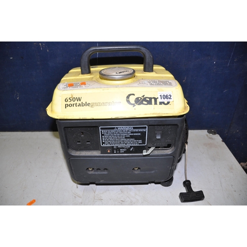 1062 - A COSMO 650W PORTABLE GENERATOR (UNTESTED but engine pulling freely)