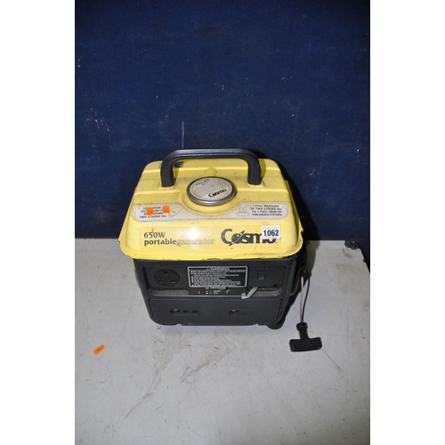 1062 - A COSMO 650W PORTABLE GENERATOR (UNTESTED but engine pulling freely)