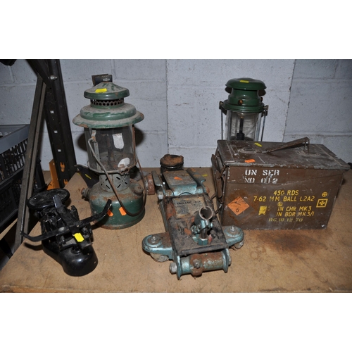 1074 - A VINTAGE MILITARY CASE ,along with two vintage paraffin lamps, a set of vintage black scales, a sin... 