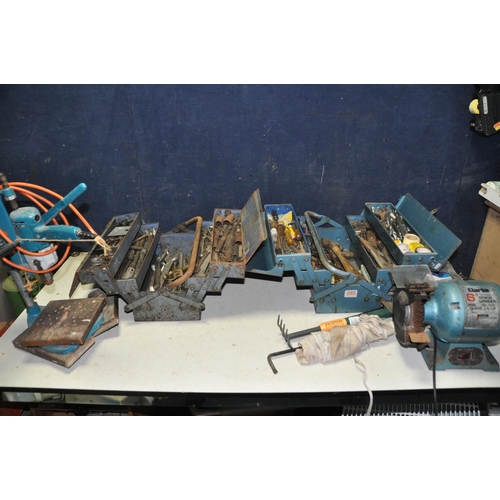 1076 - TWO METAL TOOLBOXES CONTAINING VARIOS TOOLS to include mostly spanners, hammers, grips, along with a... 