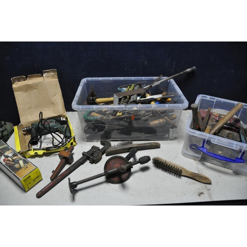 1078 - TWO TUBS OF MOSTLY VINTAGE TOOLS to include files, hammers, saw blades, tin of new and used drill bi... 