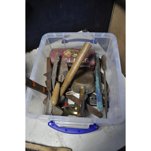 1078 - TWO TUBS OF MOSTLY VINTAGE TOOLS to include files, hammers, saw blades, tin of new and used drill bi... 