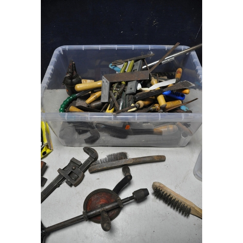 1078 - TWO TUBS OF MOSTLY VINTAGE TOOLS to include files, hammers, saw blades, tin of new and used drill bi... 