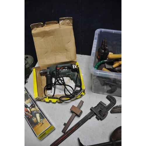 1078 - TWO TUBS OF MOSTLY VINTAGE TOOLS to include files, hammers, saw blades, tin of new and used drill bi... 