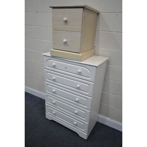 1370 - A WHITE FINISH CHEST OF FIVE LONG DRAWERS, width 84cm x depth 47cm x height 118cm, and a beech two d... 