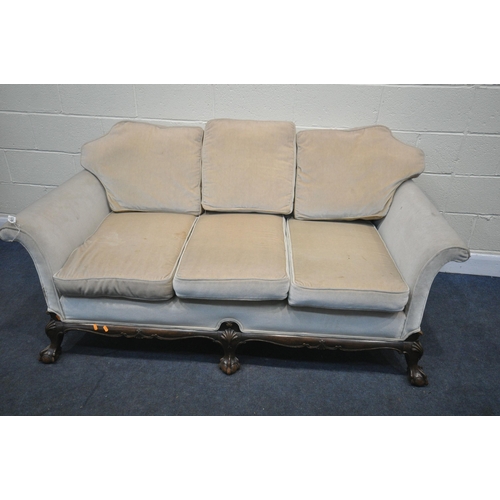 1376 - A VICTORIAN STYLE SOFA, covered in beige fabric, on a wooden base on cabriole legs, with ball and cl... 