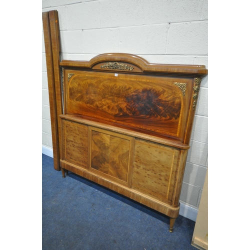 1378 - A 19TH CENTURY FRENCH MAHOGAY AND INLAID 4FT6 BEDSTEAD, with brass mounts, side rails, later mdf boa... 