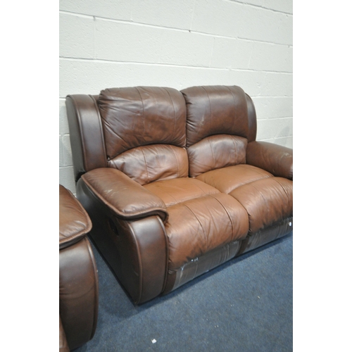 1381 - A BROWN LEATHER MANUAL RECLINING TWO PIECE SUITE, comprising a two seater sofa, length 159cm, and an... 