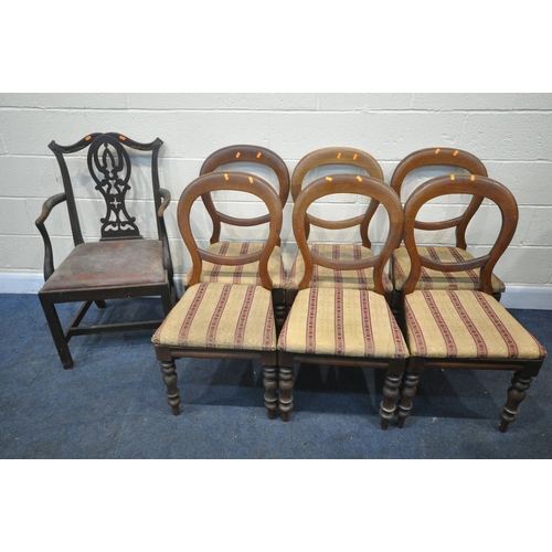 1382 - A SET OF SIX MAHOGANY BALLOON BACK DINING CHAIRS, with stripped seat pads, and a Chippendale style a... 