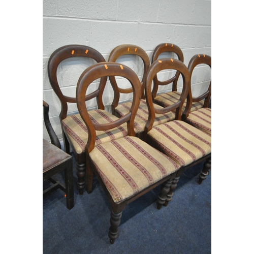 1382 - A SET OF SIX MAHOGANY BALLOON BACK DINING CHAIRS, with stripped seat pads, and a Chippendale style a... 