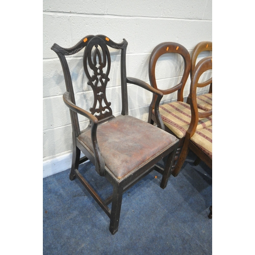 1382 - A SET OF SIX MAHOGANY BALLOON BACK DINING CHAIRS, with stripped seat pads, and a Chippendale style a... 