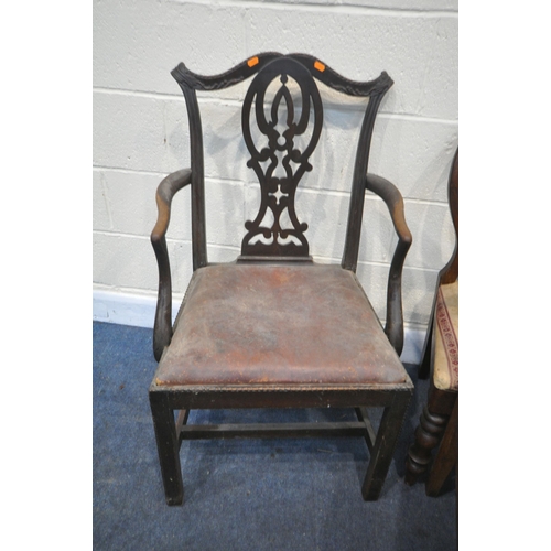 1382 - A SET OF SIX MAHOGANY BALLOON BACK DINING CHAIRS, with stripped seat pads, and a Chippendale style a... 