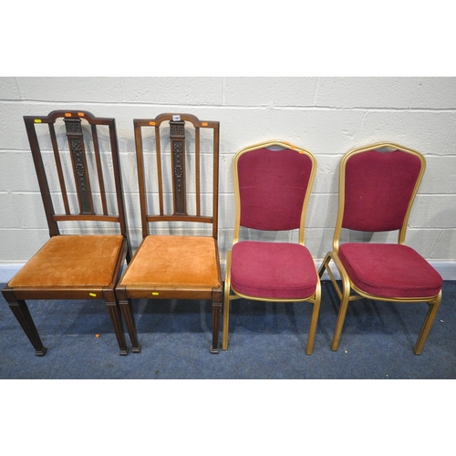 1383 - A PAIR OF EDWARDIAN MAHOGANY HIGH BACK CHAIRS, with drop in seat pads, and two gold painted metal st... 