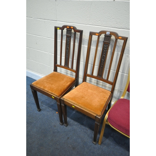 1383 - A PAIR OF EDWARDIAN MAHOGANY HIGH BACK CHAIRS, with drop in seat pads, and two gold painted metal st... 