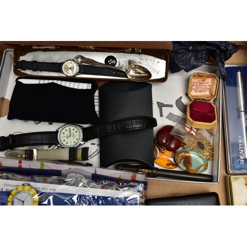 102 - A BOX OF ASSORTED ITEMS, to include various pieces of costume jewellery, brooches, pin badges, smoki... 