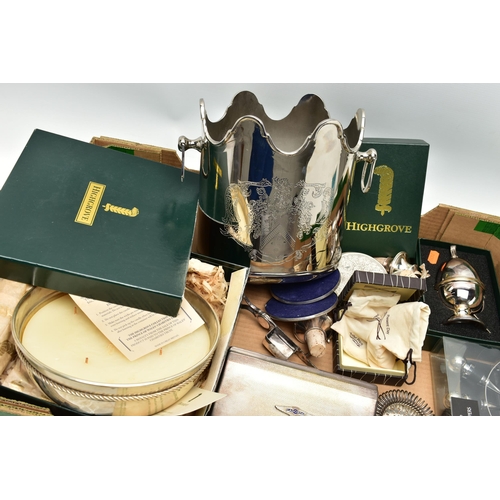 104 - A BOX OF ASSORTED ITEMS, to include a large boxed 'Highgrove' candle in a silver plate bowl, a small... 