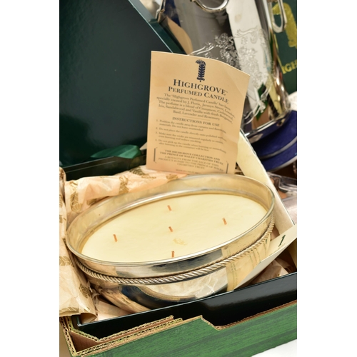 104 - A BOX OF ASSORTED ITEMS, to include a large boxed 'Highgrove' candle in a silver plate bowl, a small... 