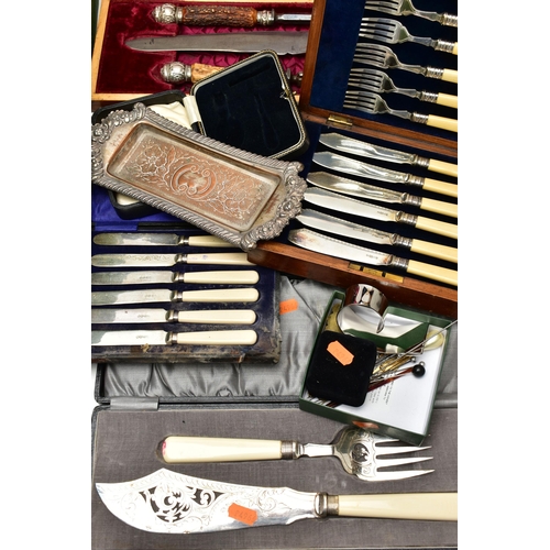 105 - A BOX OF ASSORTED WHITE METAL, to include a cased set of six tea knives, a cased set of seven pastry... 