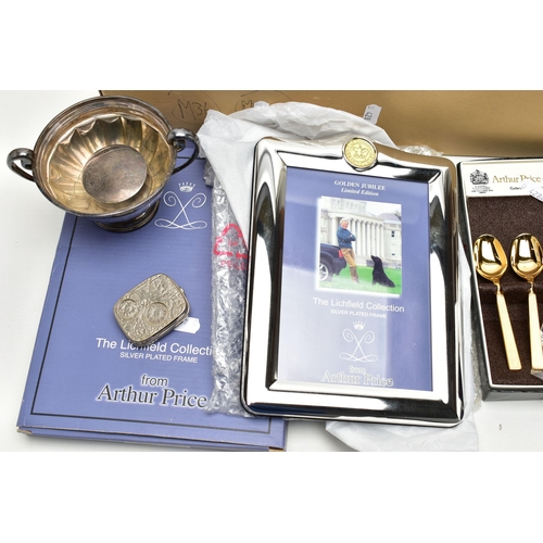 106 - A BOX OF ASSORTED WHITE METAL WARE, to include a boxed 'Arthur Price', silver plated photo frame, a ... 