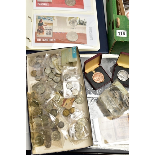 115 - A LARGE CARDBOARD BOX CONTAINING COINAGE,QUEEN ELIZABETH AND ROYALTY FIRST DAY AND STAMP/COIN COVERS... 