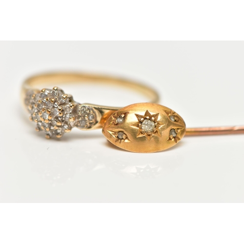 20 - A 9CT GOLD DIAMOND CLUSTER RING AND A DIAMOND STICK PIN, slightly tiered round cluster, set with sin... 