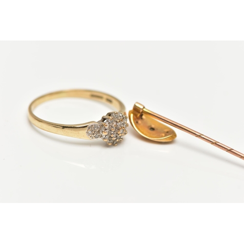 20 - A 9CT GOLD DIAMOND CLUSTER RING AND A DIAMOND STICK PIN, slightly tiered round cluster, set with sin... 