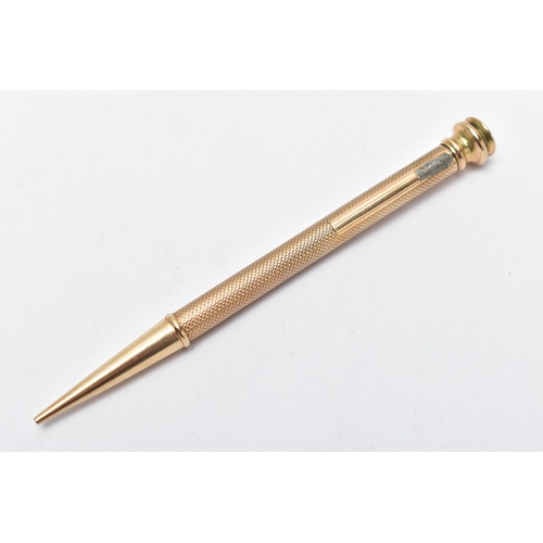 23 - A YELLOW METAL PROPELLING PENCIL, engine turned pattern stamped '9ct gold', AF terminal, length 115m... 