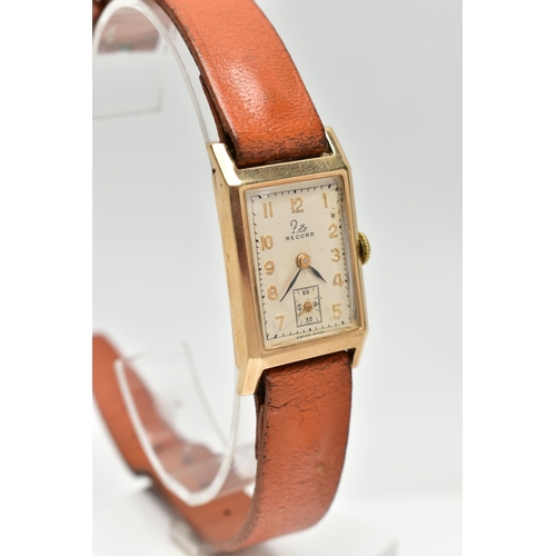 25 - A 9CT GOLD 'RECORD' WRISTWATCH, manual wind, rectangular silver dial signed 'Record', gold Arabic nu... 