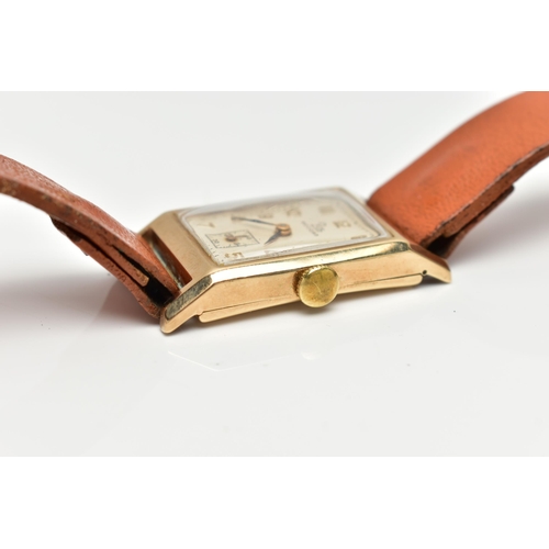 25 - A 9CT GOLD 'RECORD' WRISTWATCH, manual wind, rectangular silver dial signed 'Record', gold Arabic nu... 