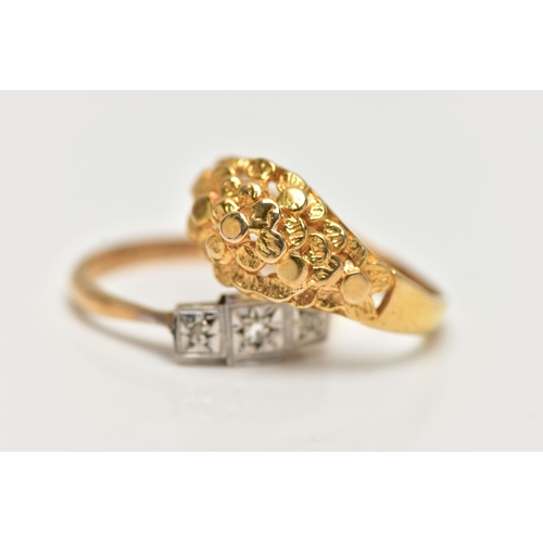 27 - A 9CT GOLD RING AND A DIAMOND RING, the first a yellow gold ring, textured and peirced with a floral... 