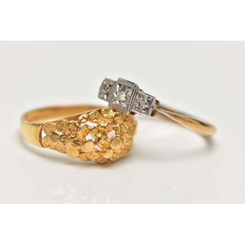 27 - A 9CT GOLD RING AND A DIAMOND RING, the first a yellow gold ring, textured and peirced with a floral... 